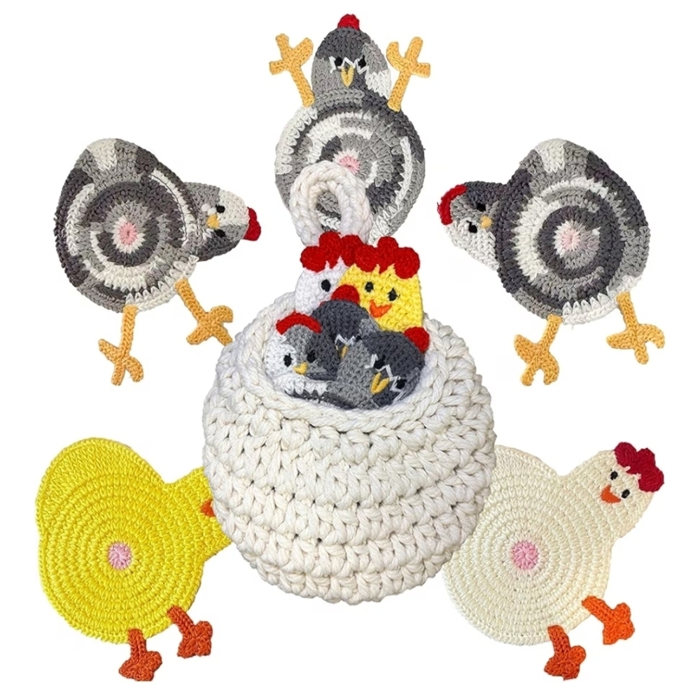 NIB Handmade Crochet Chicken 6 Coasters Set of 6 with Basket